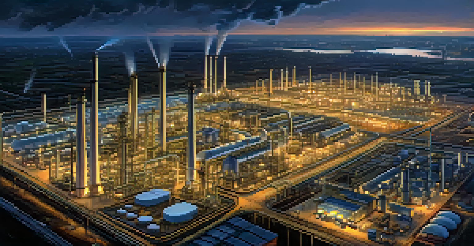 An aerial view of an oil refinery at dusk, showcasing its lights and complex structures.