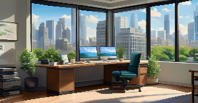 An organized office space with a large window and a cityscape view, featuring a laptop and a cup of coffee on the desk.