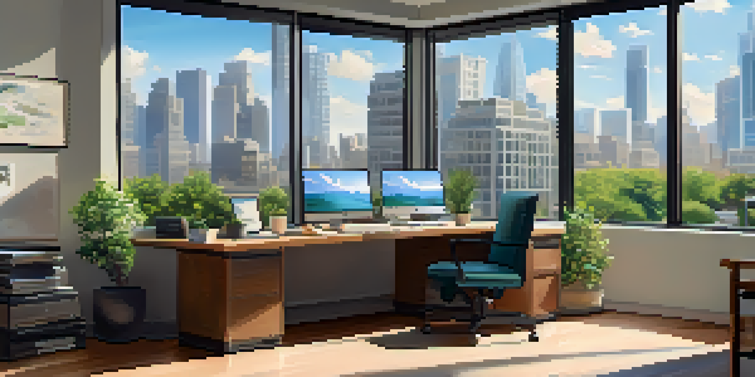 An organized office space with a large window and a cityscape view, featuring a laptop and a cup of coffee on the desk.