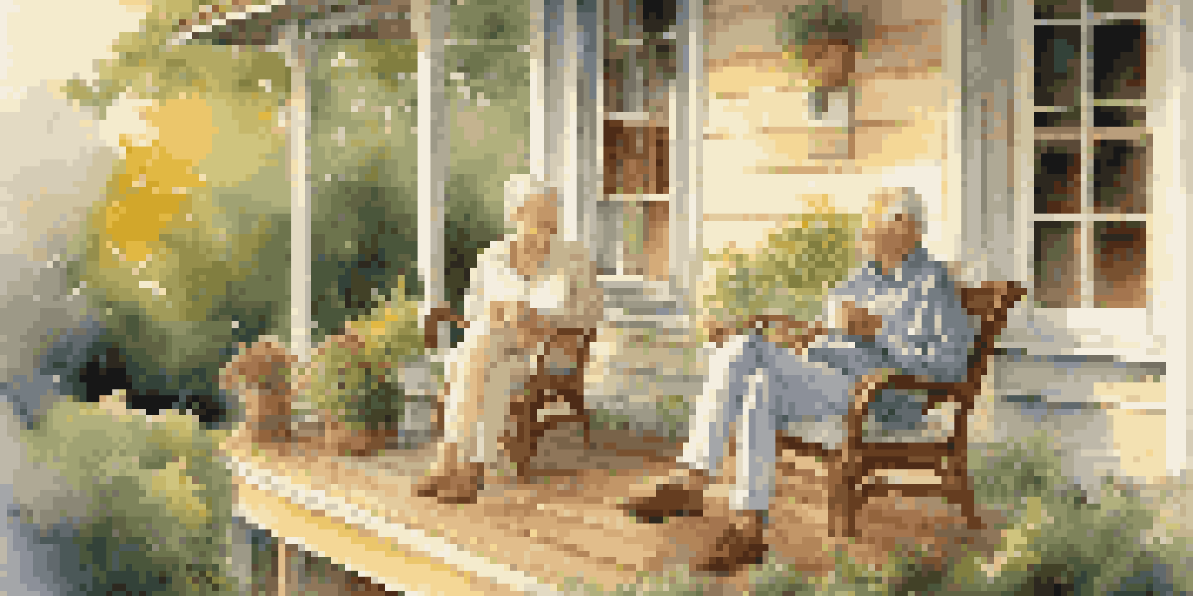 An elderly couple sitting on a porch, surrounded by greenery, enjoying tea during sunset.