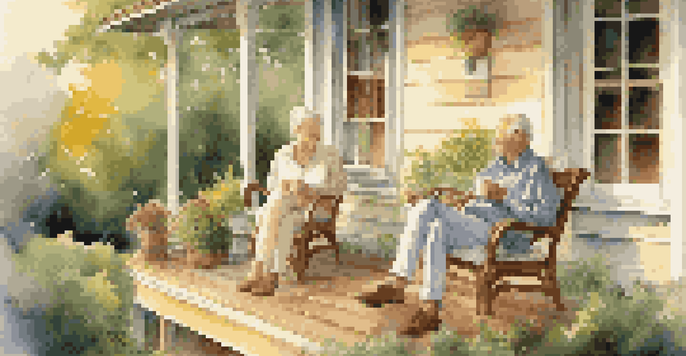 An elderly couple sitting on a porch, surrounded by greenery, enjoying tea during sunset.