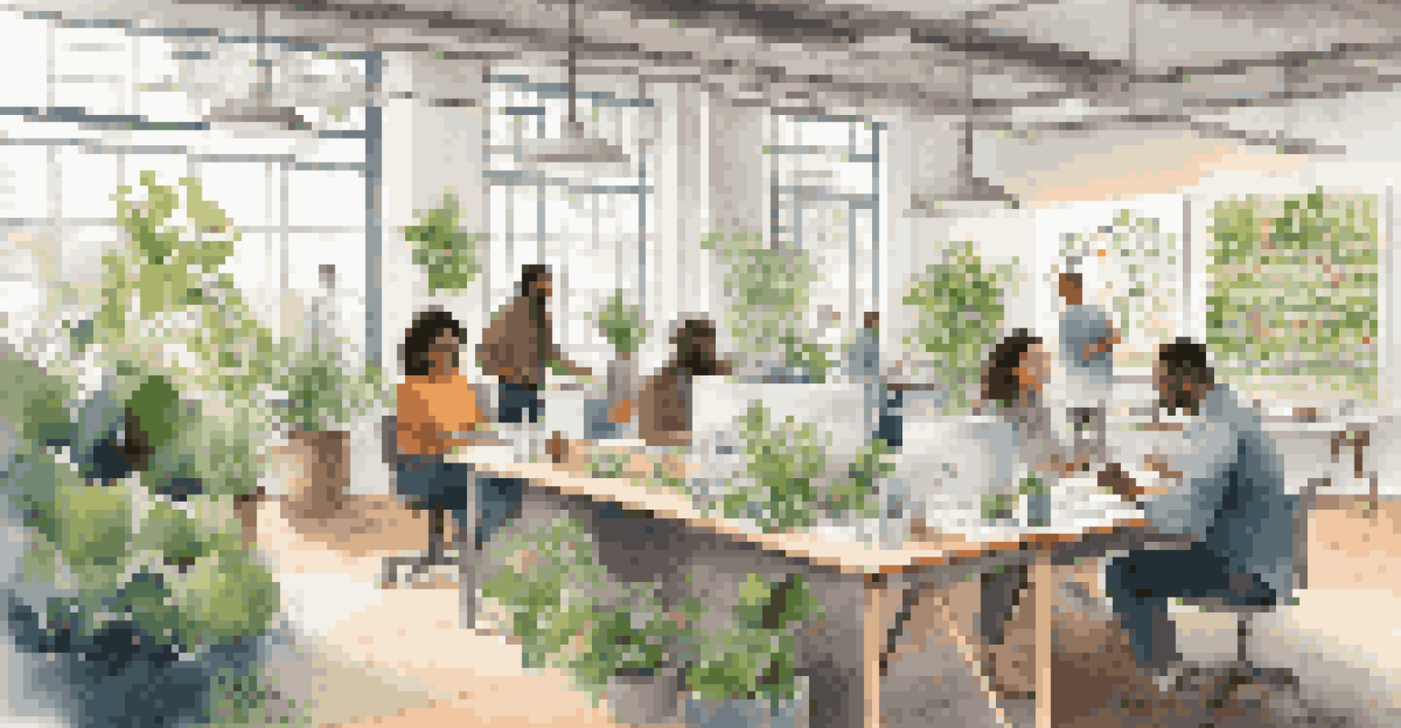 A diverse team working together in a bright workspace filled with plants, showcasing collaboration and social responsibility.