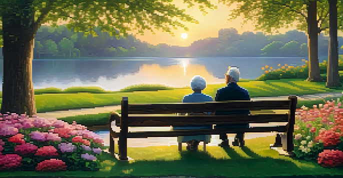 An elderly couple sitting on a bench in a park, with a lake and flowers in the background during sunset.