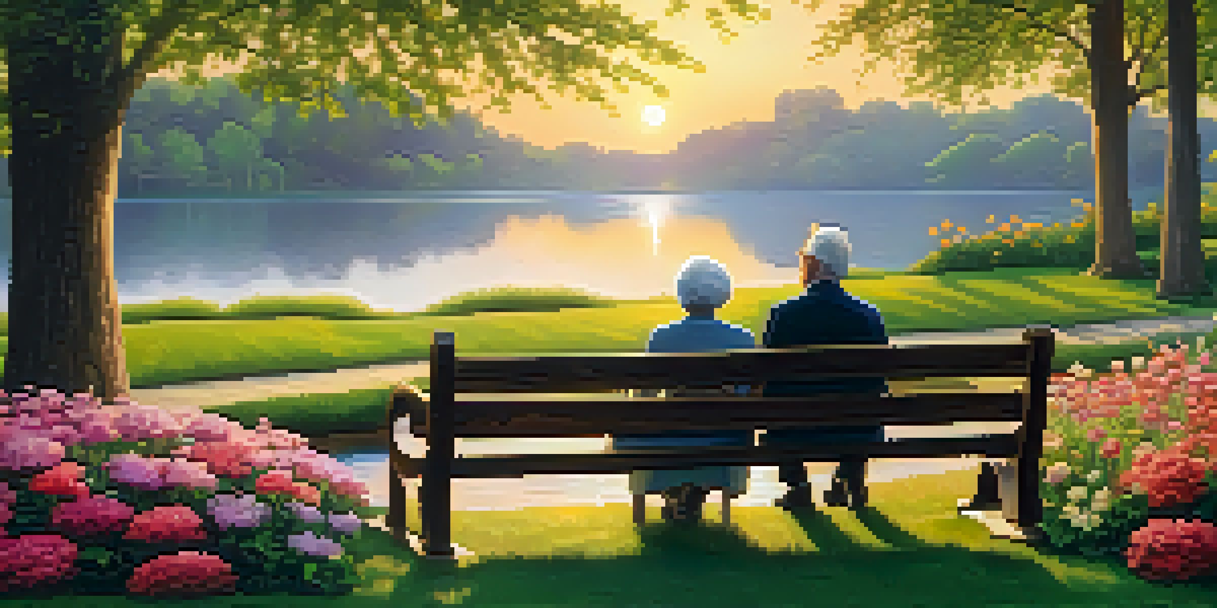 An elderly couple sitting on a bench in a park, with a lake and flowers in the background during sunset.