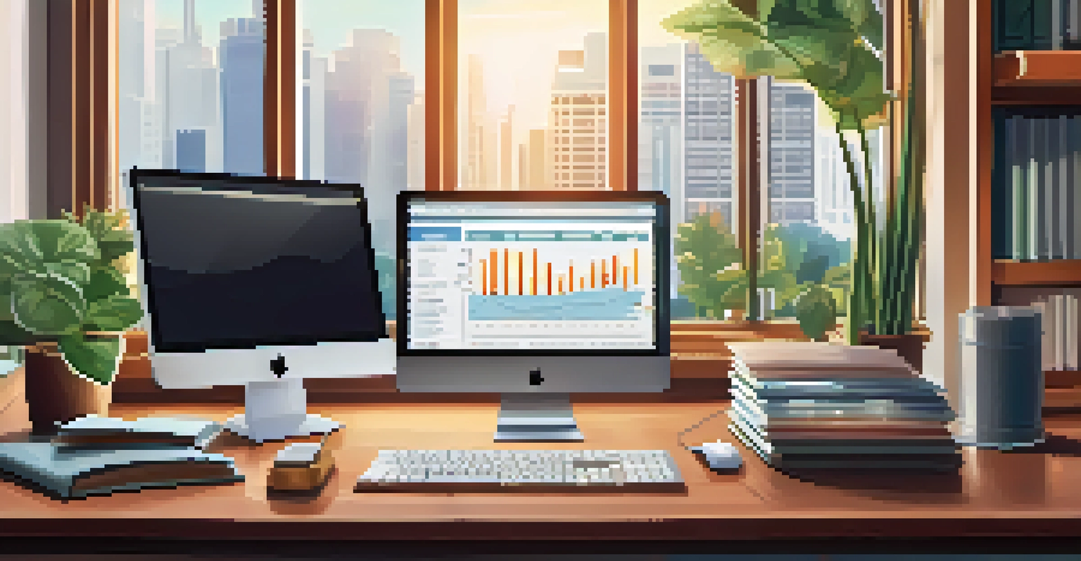 A close-up of a computer screen showing financial graphs and charts related to mutual funds in a cozy home office.