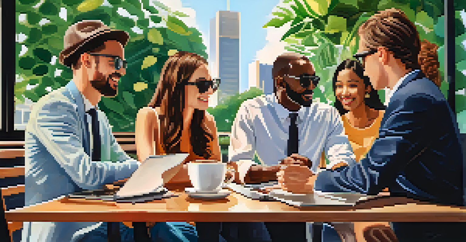A diverse group of friends outdoors at a sunny café, discussing investments over coffee with an open laptop displaying stock charts.