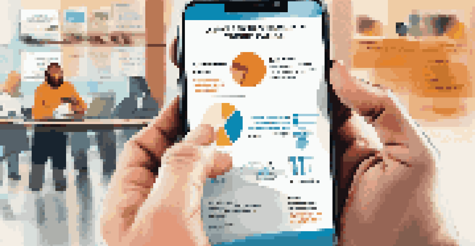 A smartphone displaying an infographic about socially responsible investing benefits, set in a cozy coffee shop with a laptop and coffee cup in the background.