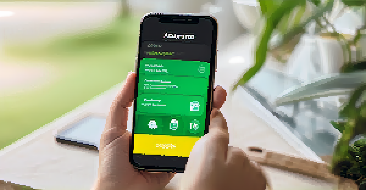 Close-up of a smartphone showing a user-friendly insurance app interface with a smiling person in the background.