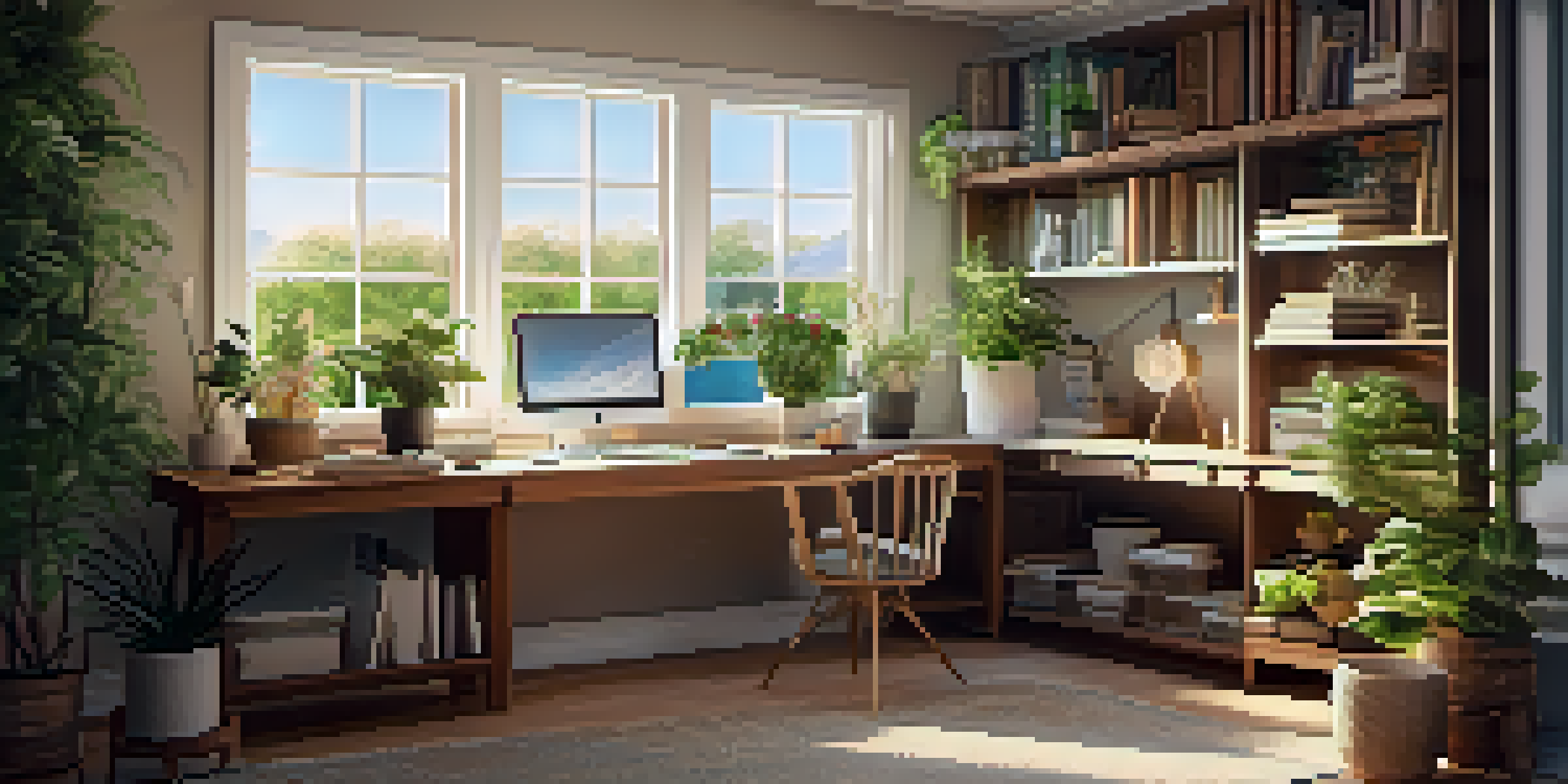 A warm and inviting home office with a wooden desk, a laptop displaying investment graphs, and sunlight streaming through a large window.