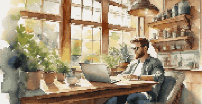 A young entrepreneur working on a laptop in a sunlit coffee shop filled with plants and modern rustic decor.