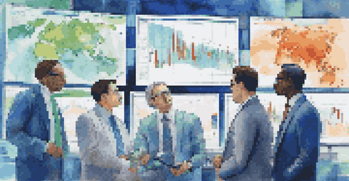 A diverse group of investors looking at stock charts, with global landmarks in the background.