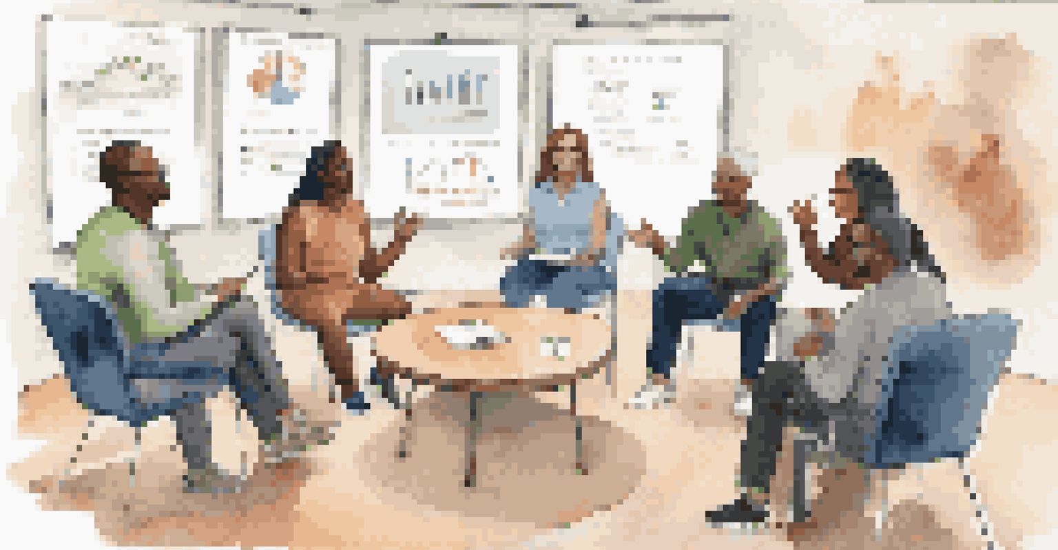 A diverse group discussing financial planning in a community center, with notes and laptops present.