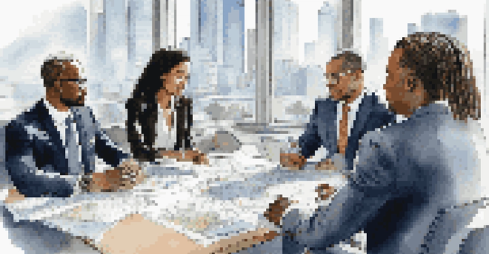 A diverse group of business professionals in a negotiation at a conference table, showcasing various ethnicities and business attire, with a city skyline visible through large windows.