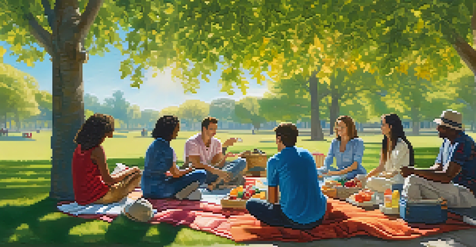 A diverse group of people sitting on blankets in a park, discussing mutual funds amidst colorful trees and flowers.