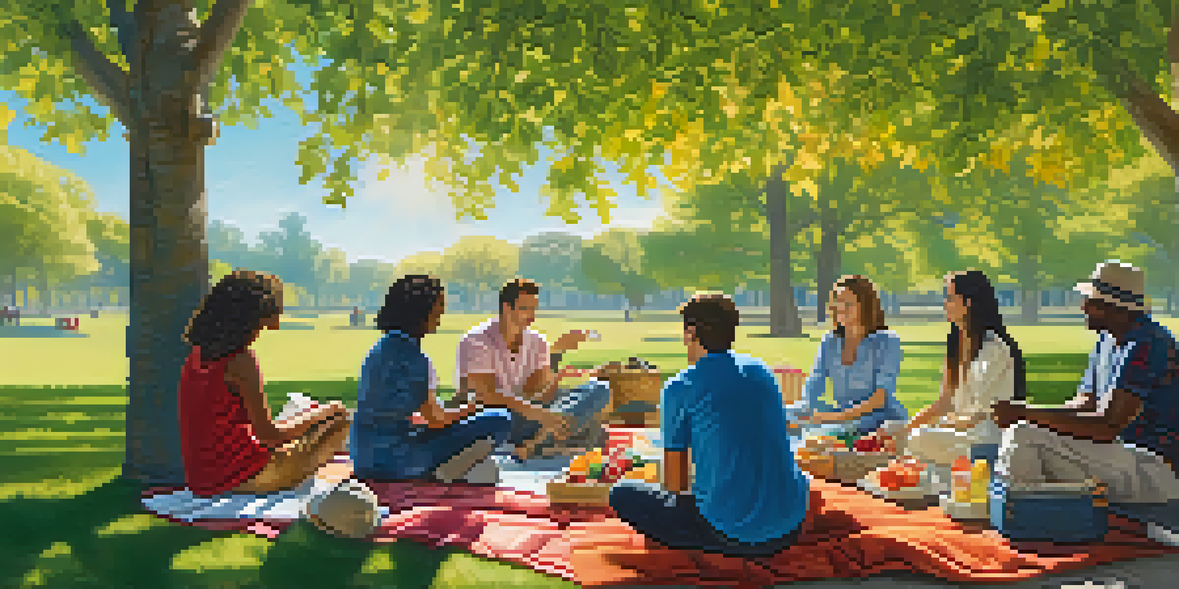A diverse group of people sitting on blankets in a park, discussing mutual funds amidst colorful trees and flowers.