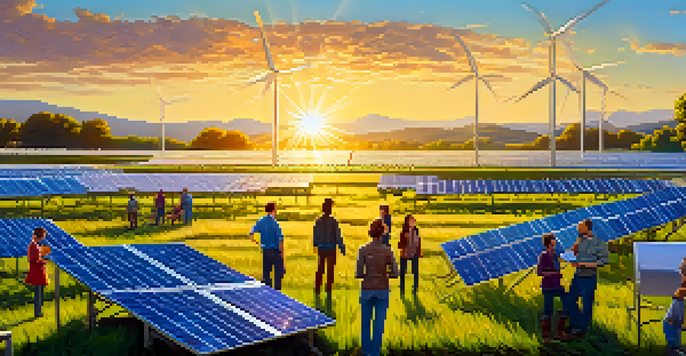 A diverse group of people examining solar panels in a sunny solar farm with green grass and flowers around.