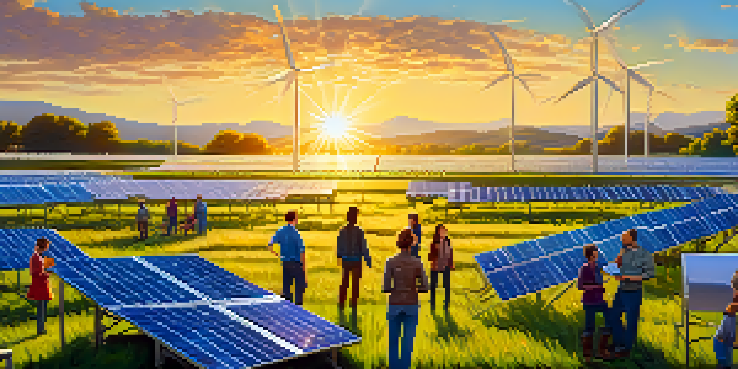 A diverse group of people examining solar panels in a sunny solar farm with green grass and flowers around.