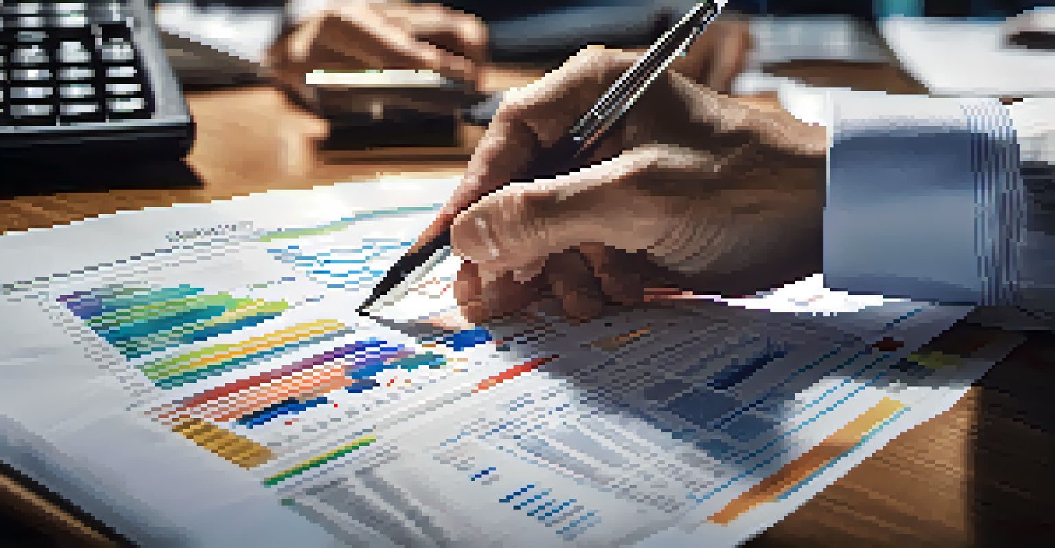 Close-up of hands reviewing an ETF report with charts and graphs blurred in the background, showcasing a professional setting.