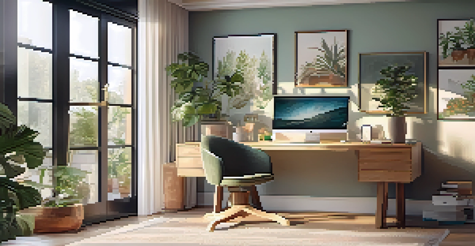 A modern office workspace with a wooden desk, laptop, and plants, illuminated by sunlight from a large window.