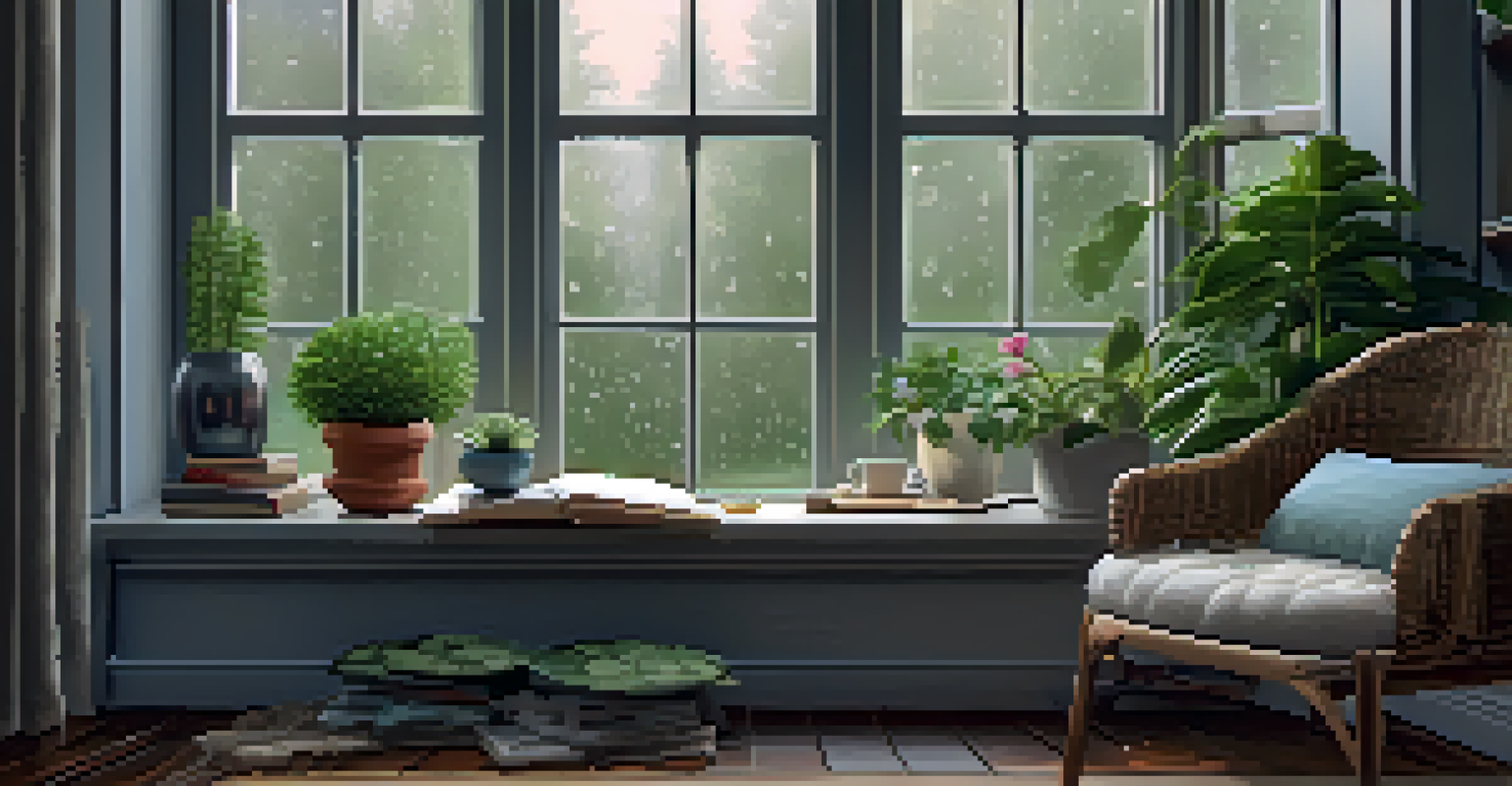 A cozy reading nook by a window with rain outside, featuring an armchair, a blanket, a cup of tea, and potted plants.