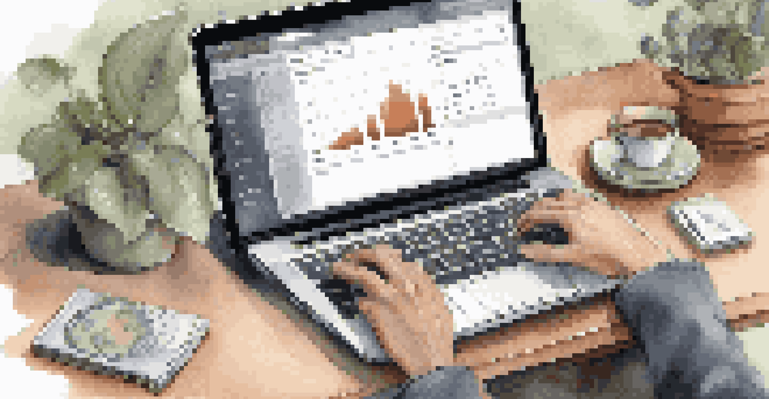 Hands typing on a laptop displaying financial planning software, with a notepad and coffee cup nearby.