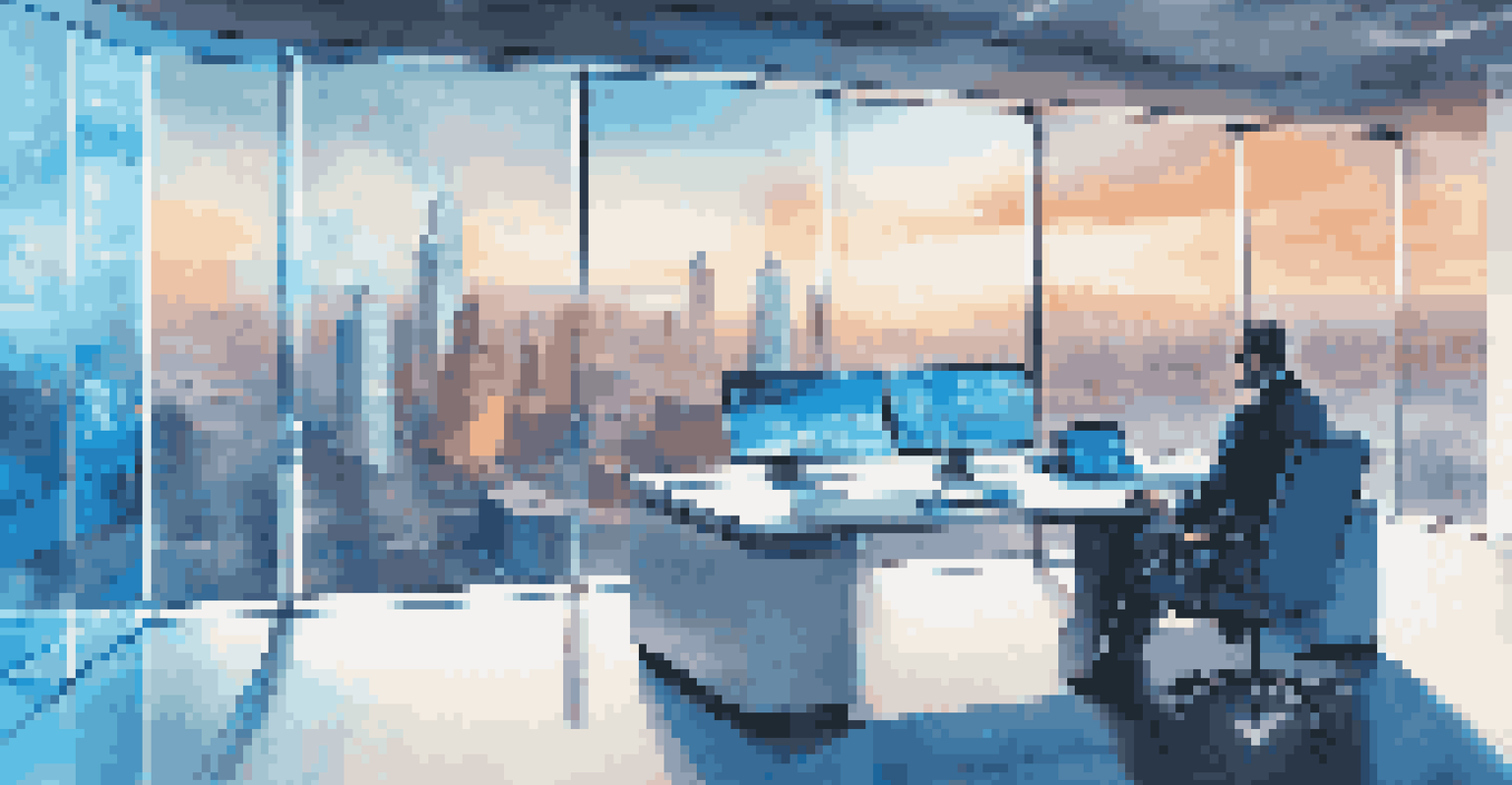 A business professional in a modern office using holographic technology for data analytics and risk assessment.