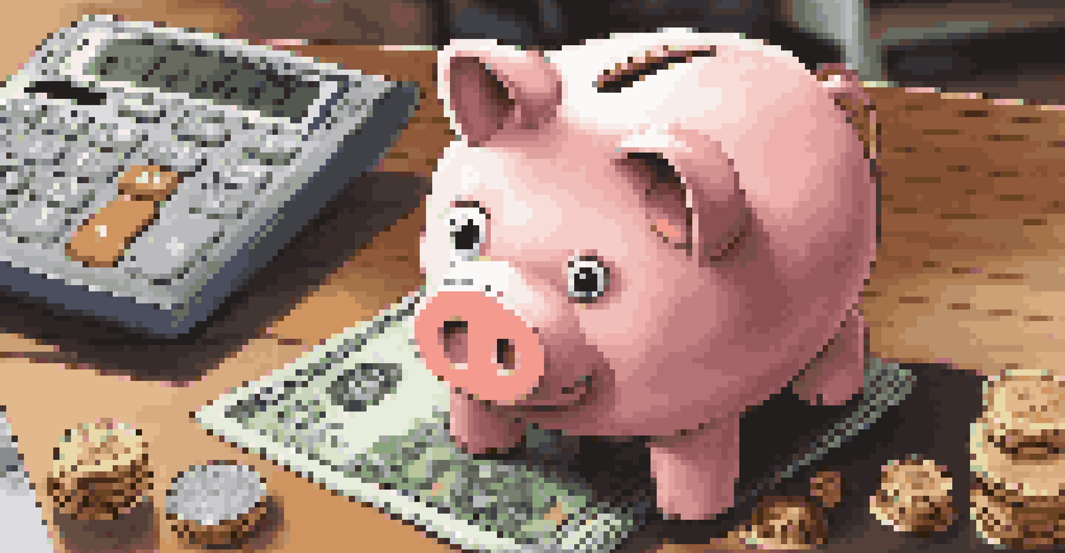 A close-up of a piggy bank with currency and a calculator on a table, symbolizing savings.