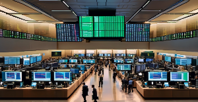A busy stock market floor with traders interacting with digital displays, bright colors indicating stock prices, and natural light coming through windows.