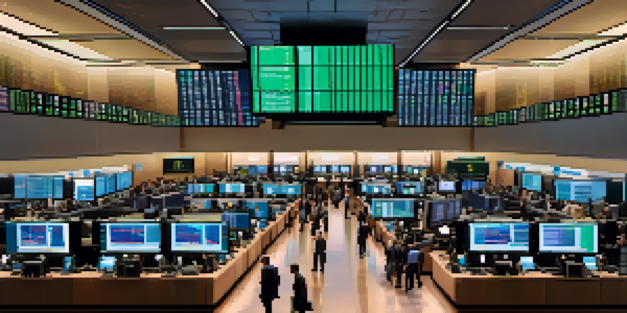 A busy stock market floor with traders interacting with digital displays, bright colors indicating stock prices, and natural light coming through windows.
