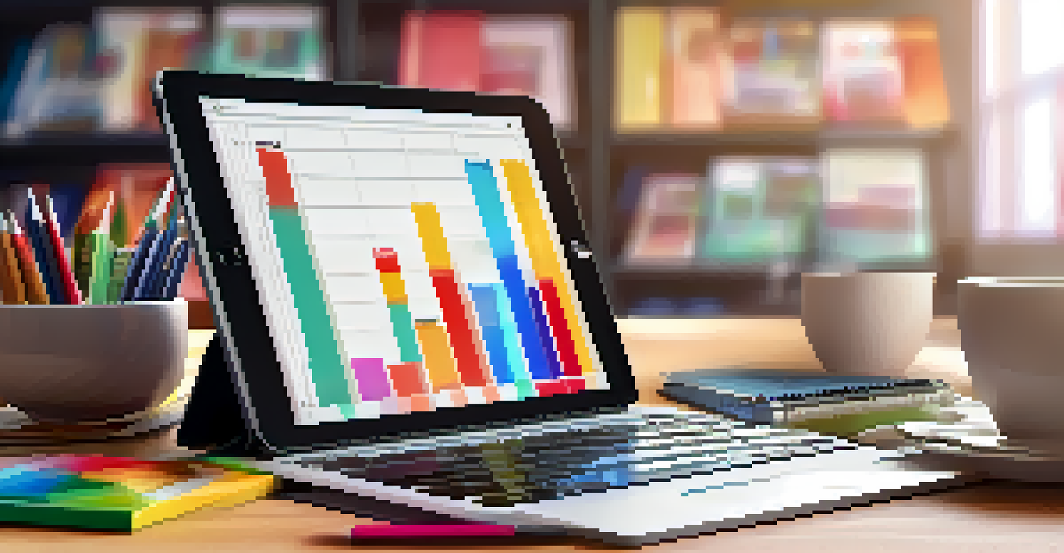 A workspace with a tablet showing financial data, stationery, coffee, and a blurred bookshelf.
