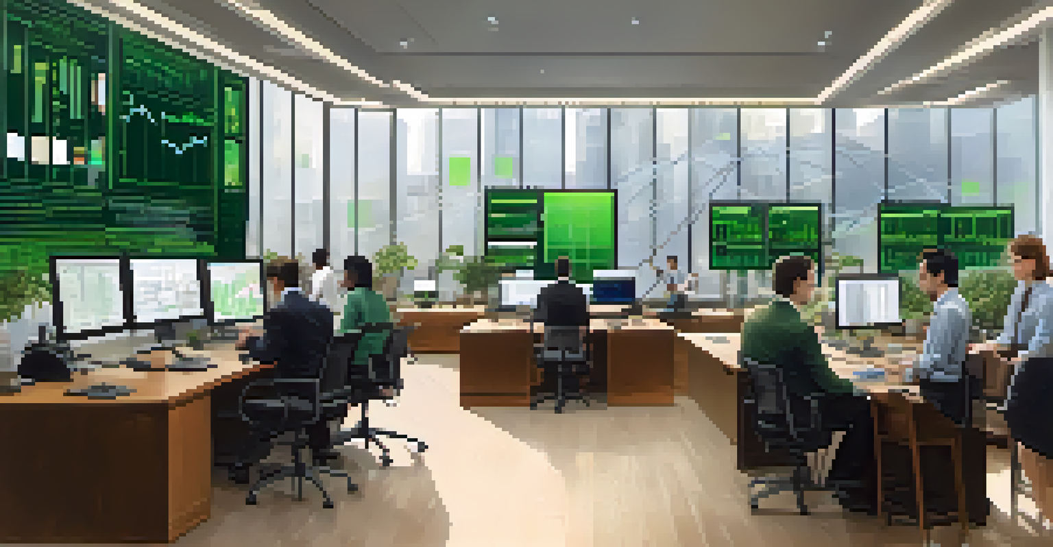 Inside a central bank office, economists analyze data on screens in a brightly lit room with plants.