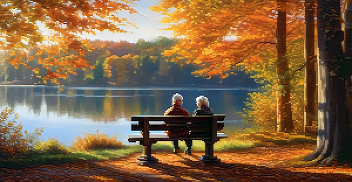 An elderly couple sitting on a bench by a lakeside, surrounded by colorful autumn trees, enjoying a peaceful moment together in soft sunlight.