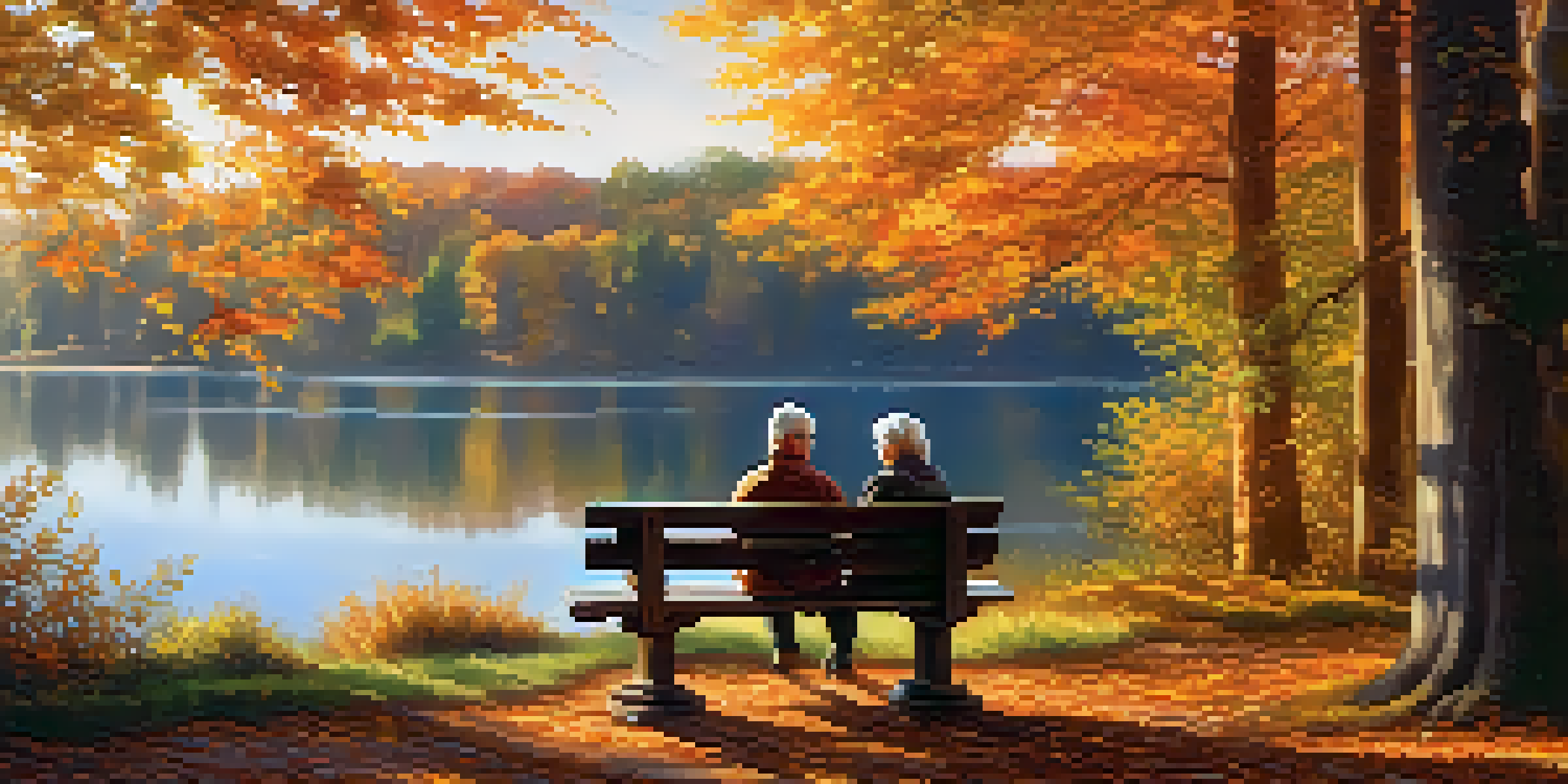 An elderly couple sitting on a bench by a lakeside, surrounded by colorful autumn trees, enjoying a peaceful moment together in soft sunlight.