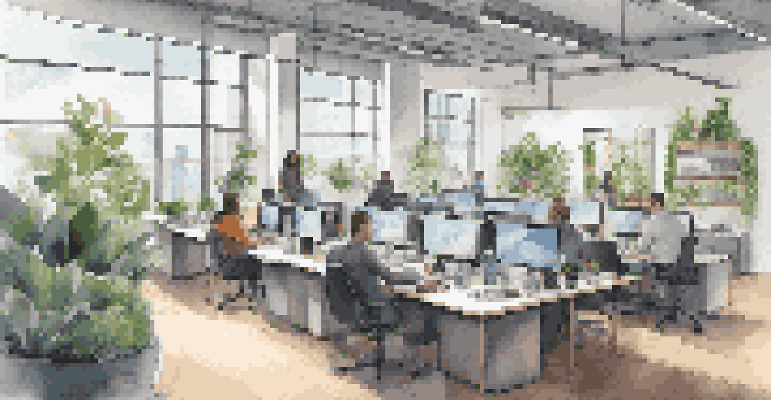 Modern office space with diverse entrepreneurs collaborating on technology projects.