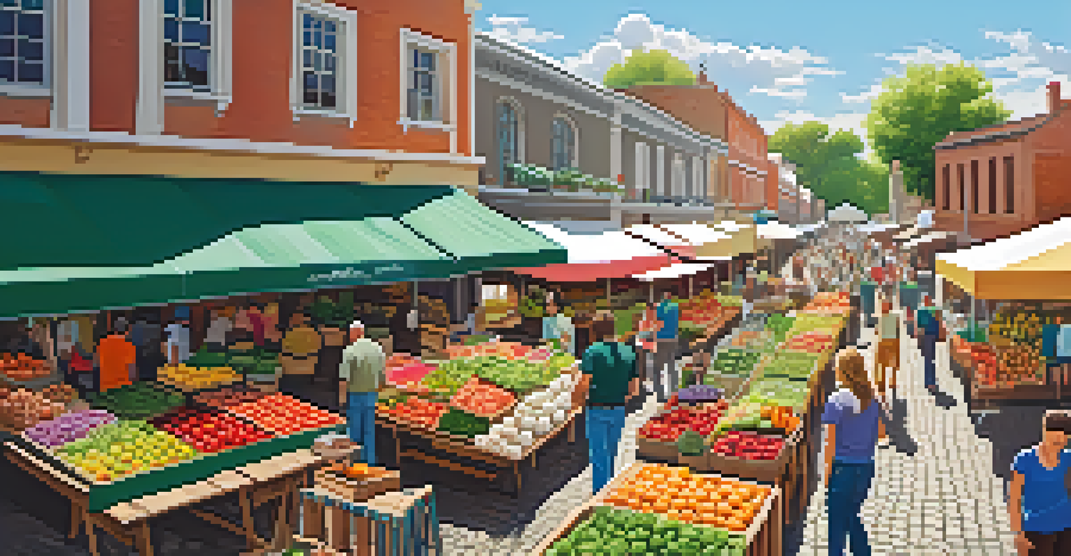 A vibrant farmers market with colorful stalls and people shopping, under a sunny sky.