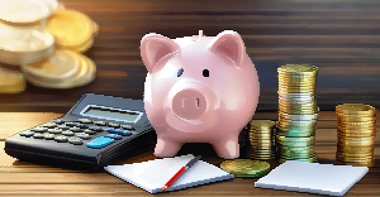 A colorful piggy bank with coins and a calculator on a wooden table, with a notepad labeled 'Emergency Fund'.