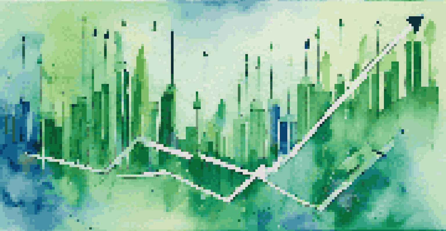 An abstract representation of financial growth with upward arrows, graphs, and currency symbols against a green and blue background.