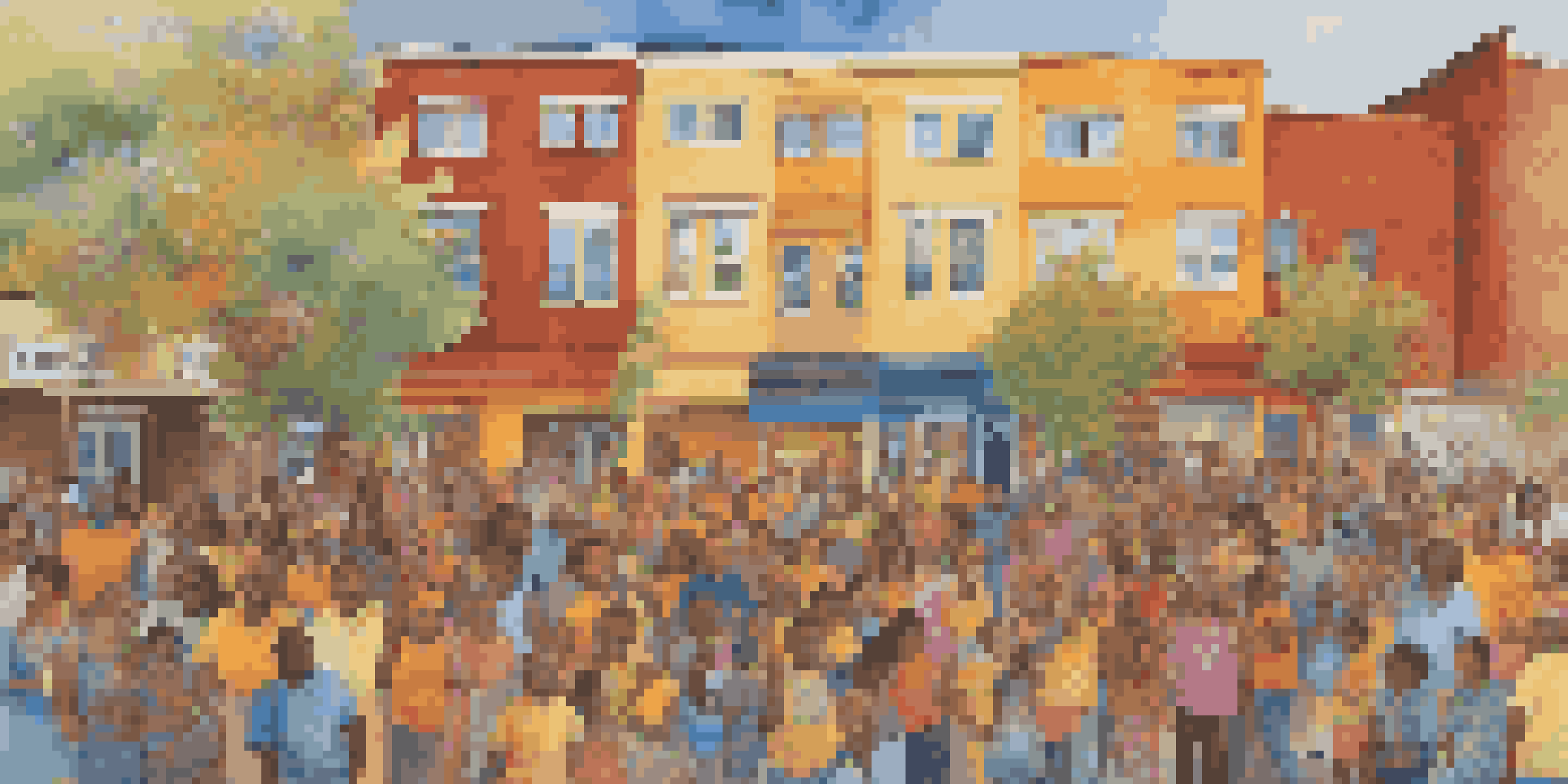 A colorful community mural being painted by diverse residents, showcasing unity and creativity in an urban setting during sunset.