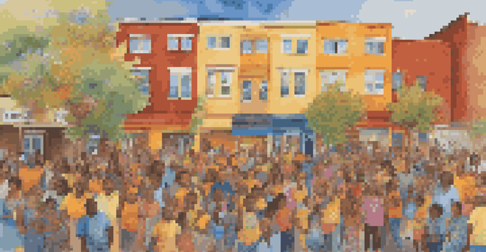 A colorful community mural being painted by diverse residents, showcasing unity and creativity in an urban setting during sunset.