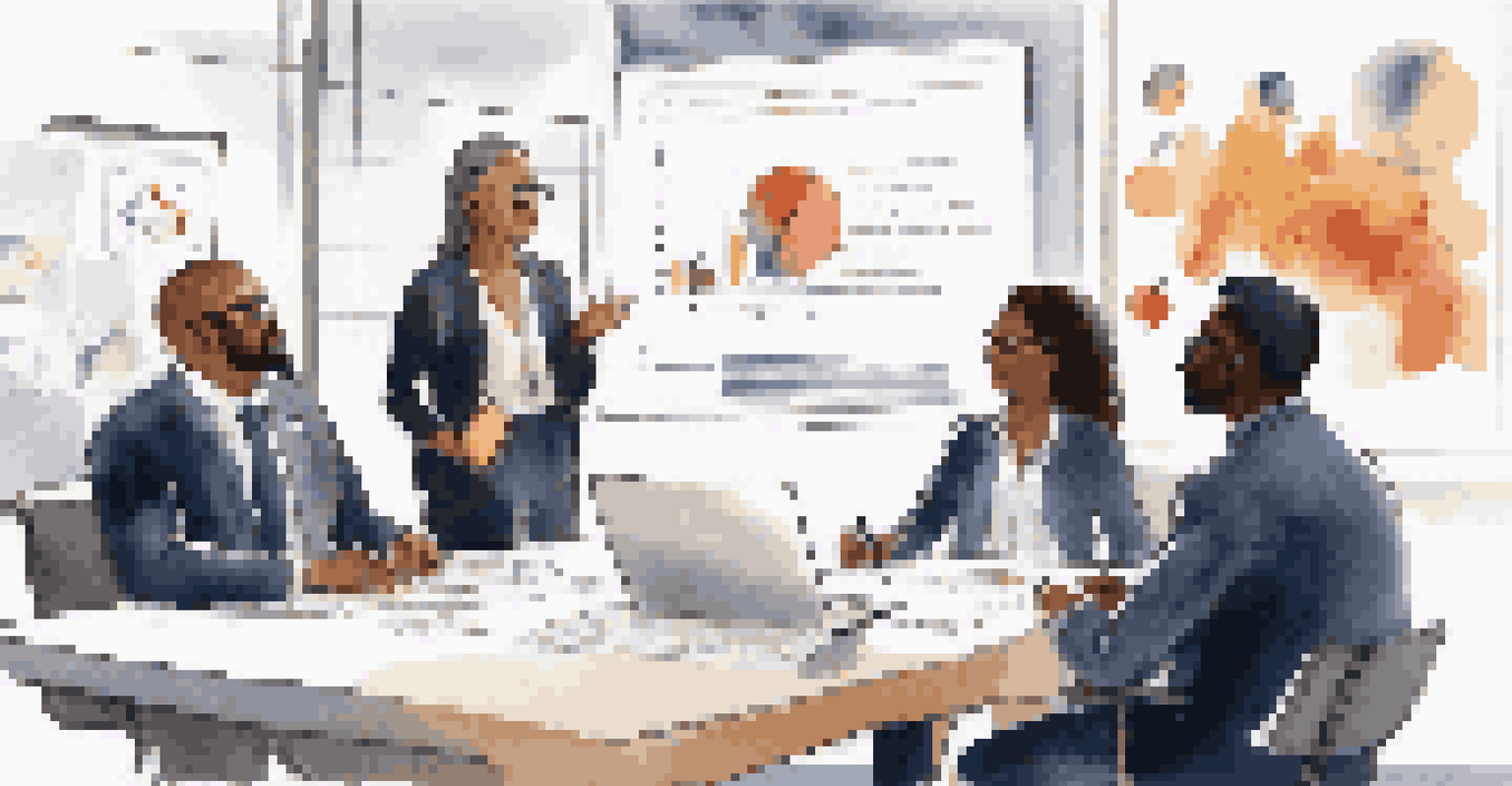 A diverse group of professionals discussing around a conference table, with charts and a laptop in view, showcasing teamwork and collaboration.