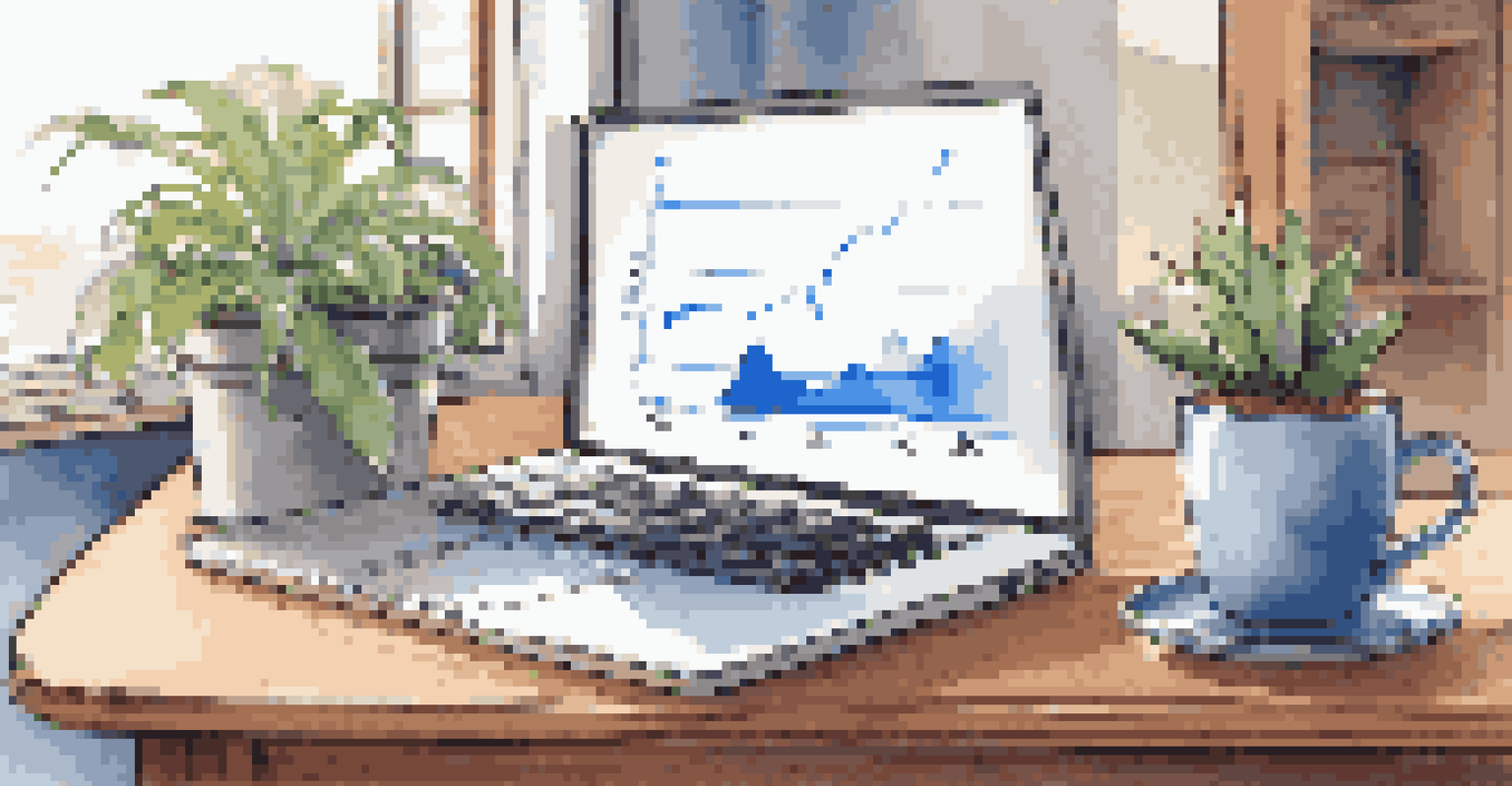 A laptop on a wooden desk displaying a line chart with a blue upward trend, surrounded by financial documents and a coffee cup.