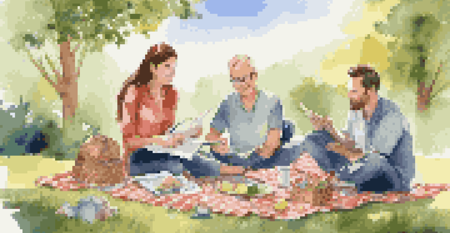 A family enjoying a picnic outdoors, discussing financial goals with a notepad and calculator on a blanket.