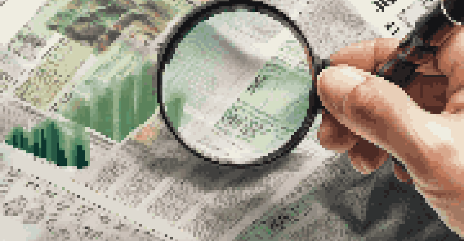 A hand holding a magnifying glass over a financial newspaper filled with stock market graphs and articles.