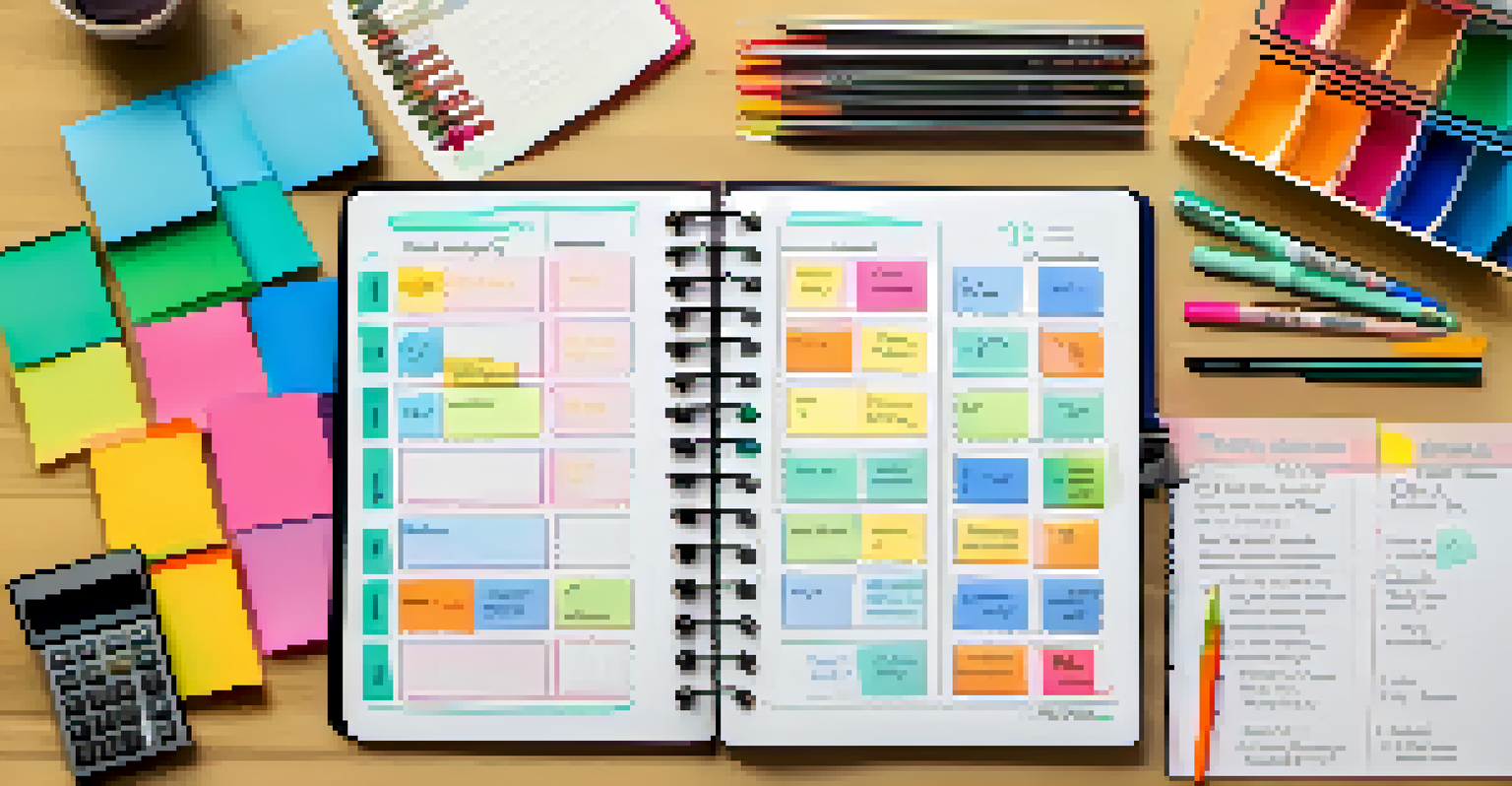 An overhead view of a colorful budget planner with sticky notes, pens, and a calculator, showcasing sections for income, expenses, and savings goals.