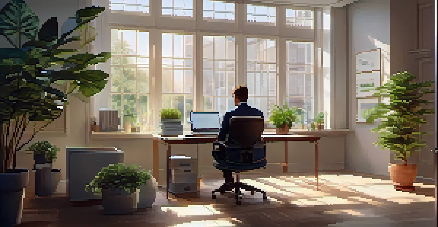 A person analyzing financial charts on a laptop in a serene office, with paperwork and a plant, illuminated by natural light.