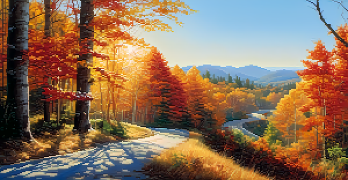 A peaceful autumn scene featuring a winding road surrounded by colorful trees and sunlight filtering through the leaves.