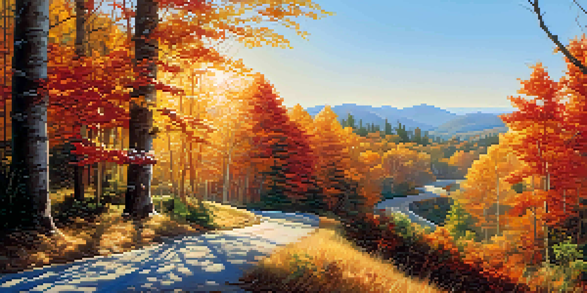 A peaceful autumn scene featuring a winding road surrounded by colorful trees and sunlight filtering through the leaves.