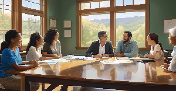 A family gathered around a wooden table discussing financial planning with charts and documents present.