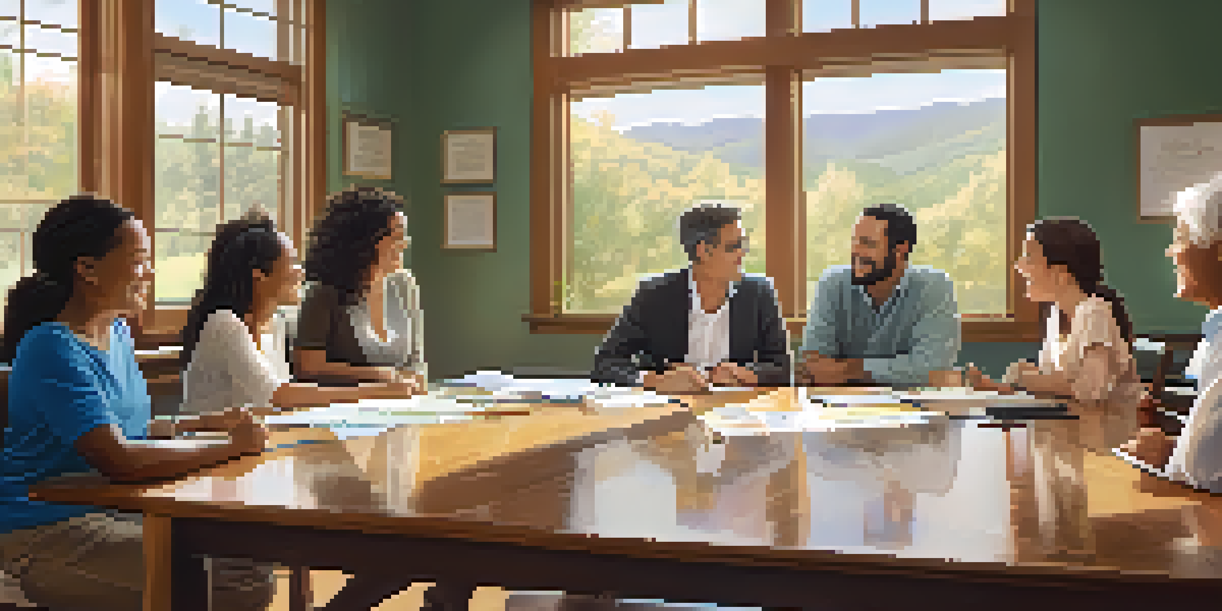 A family gathered around a wooden table discussing financial planning with charts and documents present.