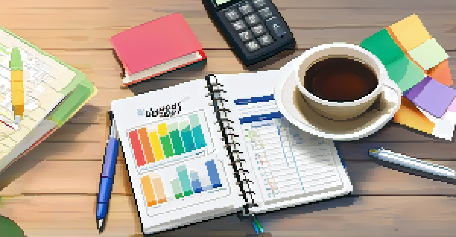 An overhead view of a colorful monthly budget planner on a table, with a calculator, pen, and tea cup, set in a sunny room.